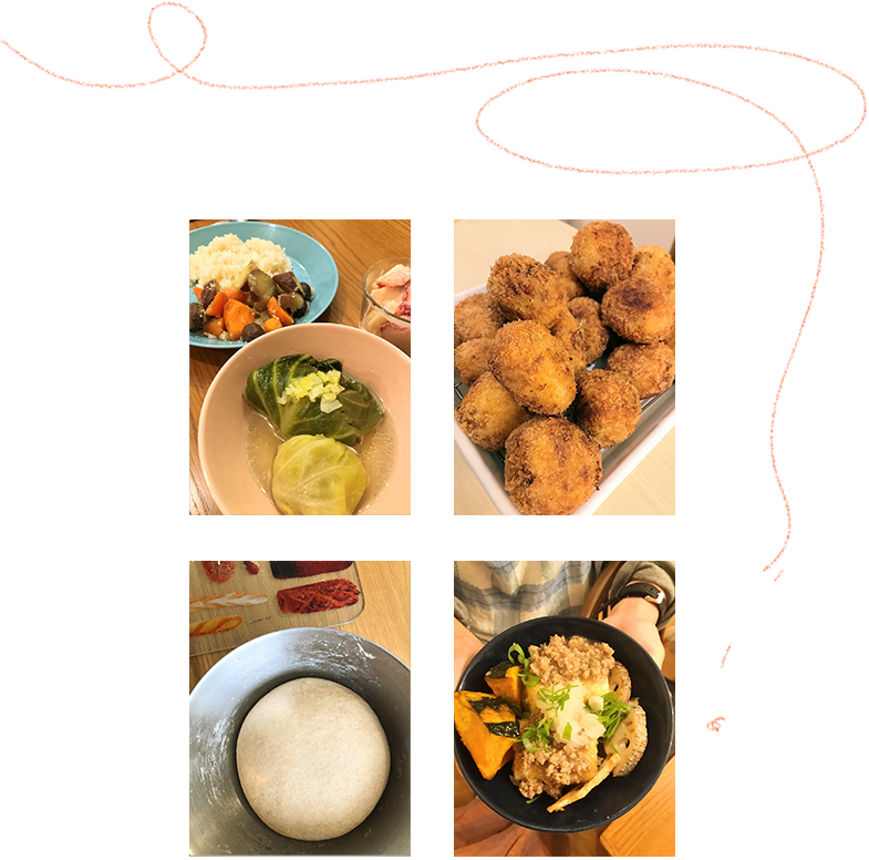 ロールキャベツ、コロッケ、パン、かぼちゃ